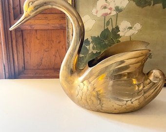 Vintage Brass Swan Planter or Centerpiece, Wedding Brass, Brass Swan Decor, Large Brass Swan, Hollywood Regency Wine Cooler