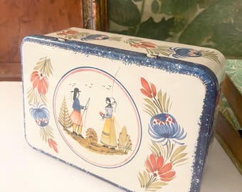 Vintage Massilly Quimper Tin Box, French Folk Art Illustration