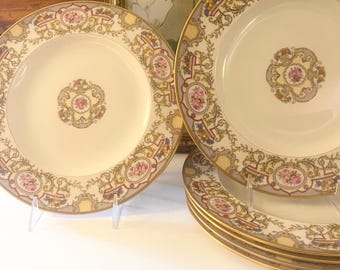 Six Vintage Dinner Plates, Morgan Belleek USA, "Victoria" , Fruit Baskets and Roses, Grandmillennial Dining