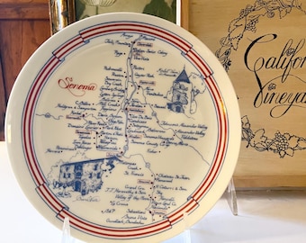 Vintage 1981 California Vineyards Map Plate, Somona Wine Country, Nancy Wayland, Gift For Wine Lover, Made in California, Original Wood Box