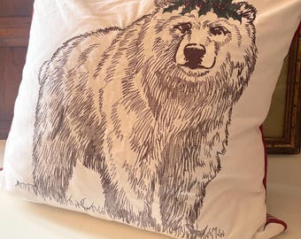 Holiday Bear With Holly Pillow Cover, Christmas Red Plaid, New With Tags, 18" x 18" Pillow Cover, Reversible Cotton Pillow Cover