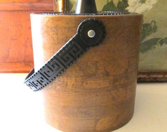 Phoenixware Mid-Century Mod Ice Bucket, Greek Key Design and Vinyl Faux Wood, Vintage Bar Ware,