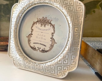 Vintage Chinoiserie Silvered Wood Frame, Florentine Style, 4 x 4 Photo Frame, Greek Key Design