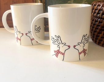 Pair of Reindeer Friends Mugs, Joan Anderson For Crate & Barrel, Arctic Friends Christmas Mugs