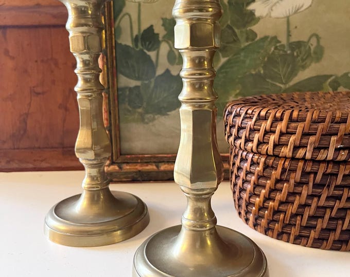 Featured listing image: Vintage Chinese Brass Candlesticks, Traditional Decor, Mantel Candle Holders, Hollywood Regency, Grandmillennial Decor