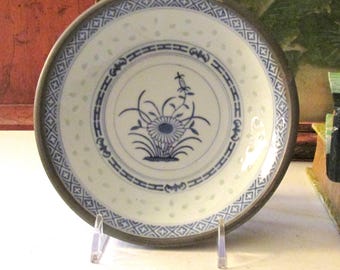 Vintage Chinoiserie Blue and White Decorative Bowl, Chinese Porcelain Dish Encased In Pewter Tone Metal, Chinese Blue Grain Seed Pattern