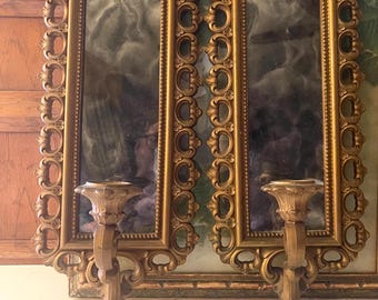 Vintage Gold Smoky Mirror Wall Candle Sconce, Homco 1970's Gilded Florentine Decor, Hollywood Regency,  Grandmillennial