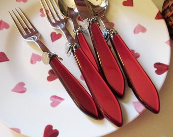 Vintage Sabre Paris Pink Lucite Heart Themed Flatware, 5 pc Place Setting, Heart and, Silverware, Valentine Decor, French Chic