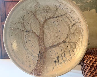 Vintage Large "Tree of Life"  Art Pottery Dish, Signed Studio Pottery, Hand Painted Ceramic, Farmhouse Coffee Table Decor
