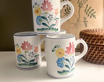 Set of Four Herend Bouquet Mugs, Hand Painted Floral Village Pottery Made Hungary