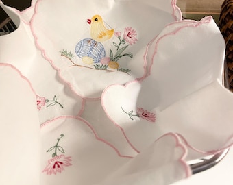 Two Embroidered Chicken Easter Bread Basket Liner, White Cotton, Pink Scallop Trim, Four Flap Cover
