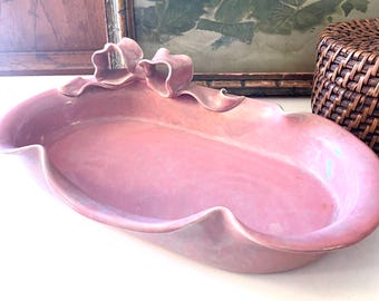 Vintage KT&K California Pottery Pink Bow Ruffle Bowl, Mid Century Console Bowl, Cottage Core, Hand Made, Knowles, Taylor, and Knowles