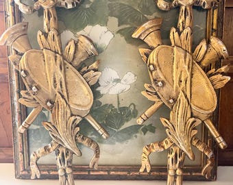 Vintage Pair Of Gilded Metal Wall Plaques, Bow, Swag and Musical Instruments, Grandmillennial Wall Gallery Decor