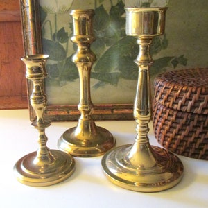 Three Vintage Brass Candlestick Collection, Trio of Mixed Candleholders, Baldwin Brass, Mantel Decor, Hollywood Regency, Brass Decor image 3