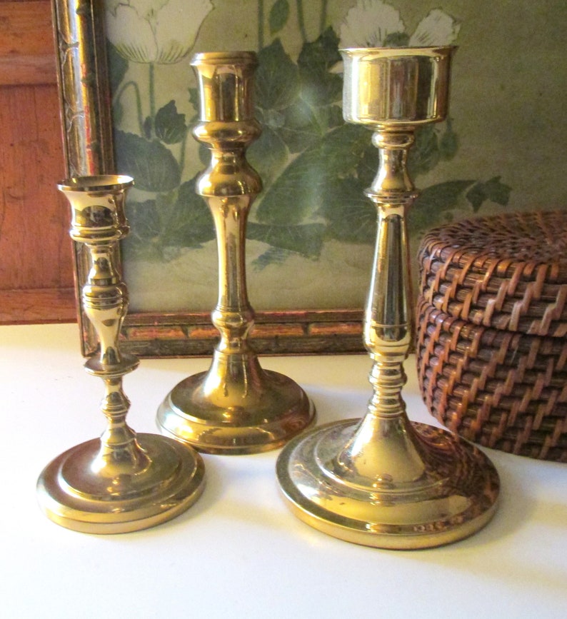 Three Vintage Brass Candlestick Collection, Trio of Mixed Candleholders, Baldwin Brass, Mantel Decor, Hollywood Regency, Brass Decor image 3