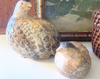 Vintage Stoneware Quail Bird Figurines, 1980's, Coffee Table Decor, Chinoiserie Chic, Quail Family