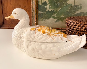 Vintage Italian Duck Hand Painted Lidded Box, Pottery Decorative Trinket Box, Coffee Table Decor, Made In Italy Pottery Box, Grandmillenial
