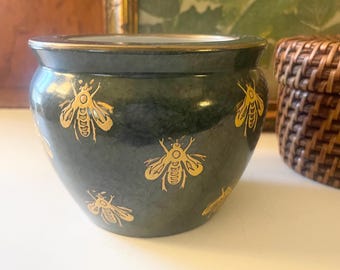 Vintage Small Gilded Bumble Bee Planter, Green and Gold Cachepot, Andrea By Sadek, Housewarming Gift