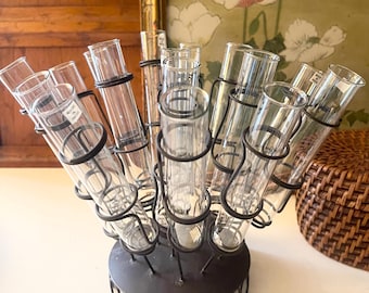Vintage Coiled Metal and Test Tube Glass Multi-Vase Display, Flower Frog Stand