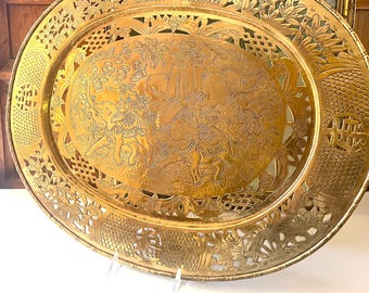 Vintage Large Chinoiserie Brass Tray, Oriental Etched Design and Bamboo Trim, Hollywood Regency, Grandmillennial Decor