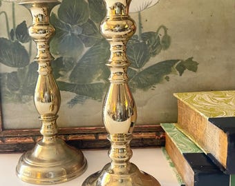 Vintage Virginia Metalcrafters Brass Candlesticks, Mantel Candle Holders, Hollywood Regency, Bookcase Decor