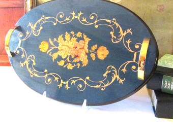 Vintage Italian Wood Marquetry Tray, Sorrento Blue Floral Inlaid Design, Oval Dresser Tray with Handles, Glossy Finish, Florentine Decor