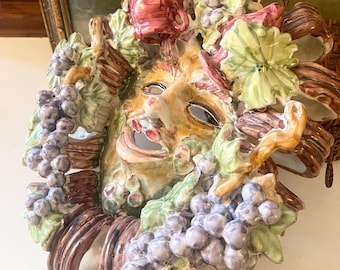 Vintage Roman God Bacchus Face Wall Mask, Hand Made Italian Pottery With Grapes. Wine Jar, Leaves, Hanging Pottery Art, Gift For Wine Lover