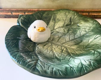 Vintage Italian Majolica Style Bird and Leaf Serving Tray, Bassano Italy, Hand Painted Dish, Spring Decor