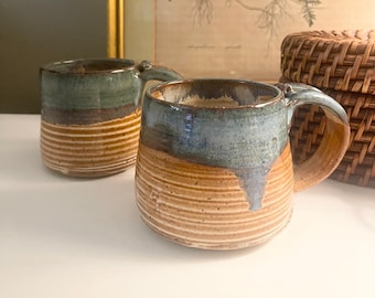 Two Vintage Studio Art Pottery Mugs, Hand Made Blue Drip Glaze