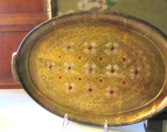 Vintage Italian Florentine Tray, Oval Small Gilded Tray, Red Accents, Vanity Tray, Bar Tray, Grandmillennial Decor