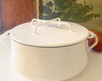 Vintage Dansk France Kobenstyle Dutch Oven, White Enamel Pot, Four Quart Stock Pot, Casserole Dish