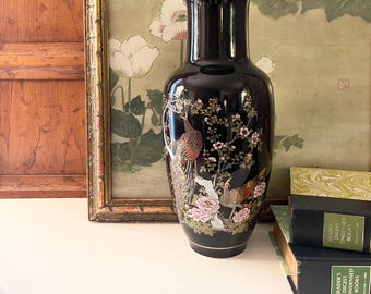 Vintage Tall Oriental Floral and Birds Vase, Chinoiserie Vase, Hollywood Regency, Japanese Porcelain Decorative Vase