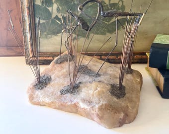 Vintage Mario Jason Crane and  Cattails Sculpture,  Brutalist Decor, Entry Table Decor, C. Jere Style Metal Art, Marble Base