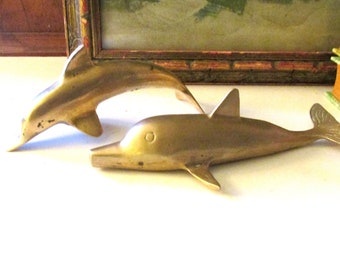 Vintage Set Brass Shark and Dolphin Figurines, Brass Paperweights, Home Office Decor, Brass Beach House Decor