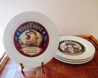 Set of Four Cheese and Wine Plates, Restoration Hardware, Roquefort, Camembert, Brie, Chevre, French Cheese Plates, Bistro Decor
