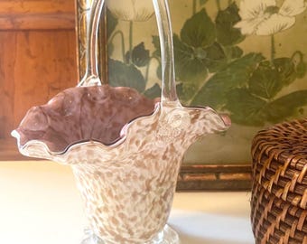 Vintage Murano Italy Glass Candy Basket With Handle, Pink and Gold Flecked