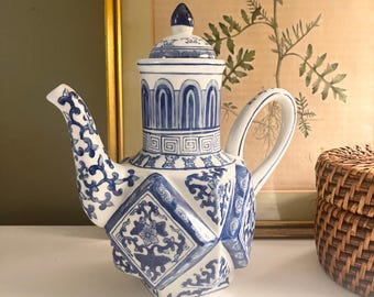 Vintage Chinoisere  Teapot, Geometric Blue and White,  Andrea by Sadek