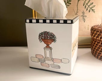1995 Deruta Italy Tissue Cover Box, Hand Painted Bathroom or Vanity Decor