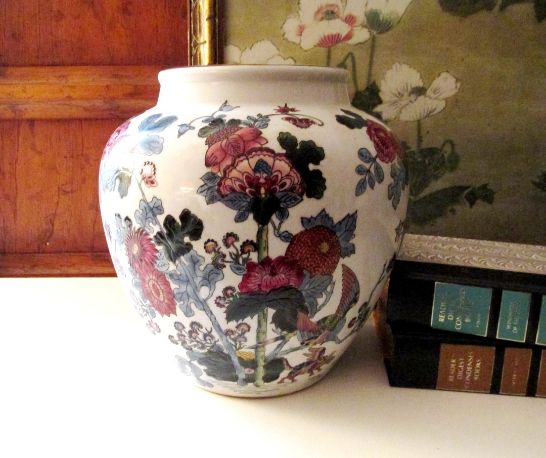 Grand vase chinoiserie vintage, base de lampe orientale, vase floral