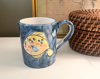 Vintage Vietri Italy Fish Mug, Hand Painted  Tropical Beach Art Pottery Mug