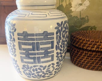Vintage "Double Happiness" Ginger Jar, Chinoiserie Blue and White Ginger Jar, Vase, Hand Painted Oriental, Grandmillennial Wedding Gift