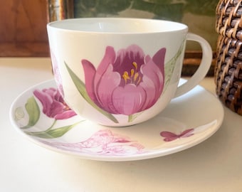 Vintage England Ian Kirkham "Tulips" Breakfast Cup, Oversized Teacup and Saucer, Gift For Tea or Coffee Lover, Pink Flower, Butterflies