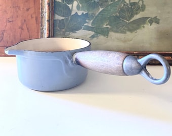 Vintage Cousances Le Creuset Cast Iron Saucepan, French Made, Blue Size 14 Wood Handle Pan, Enamel Cast Iron