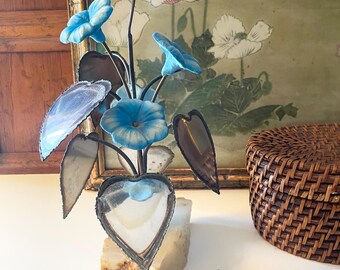 Vintage Morning Glory Mixed Metal Art Sculpture, Blue Floral Metal Art With Crystal Stone Mount, Rock Base Sculpture, Brutalist Floral Art