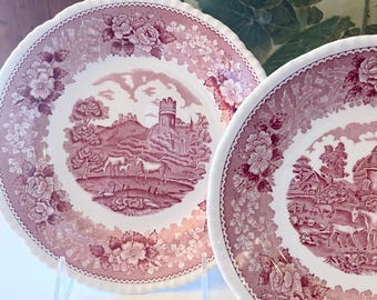 Lot Three Vintage Adams "English Scenic" Red Transfer Ware Plates, Two Pie Plates, One Salad Plate, Cottage Core China, Red White Ironstone