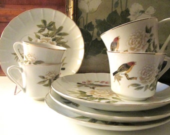 Four Vintage "Chinese Garden" Tea and Snack Sets by Shafford, Chinoiserie Chic Floral Teacup and Trays, Grandmillennial, Mother's Day Gift