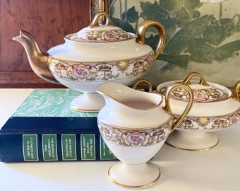 Vintage Tea Set, Morgan Belleek USA, "Victoria" Gilded Teapot, Creamer and Sugar Bowl, Fruit Baskets and Roses, Grandmillennial Dining