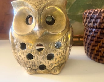 Vintage Brass Owl Tea Light Candle Holder, Boho Brass Bird, Votive Candleholder