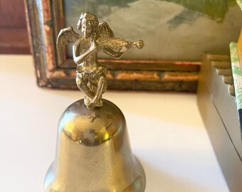 Vintage Brass Cherub Dinner Bell, Golden Angel Bell, Christmas Decor