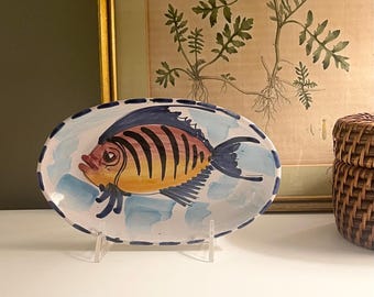Vintage Italian Vietri  Hand Painted Fish Oval Tray, Tropical Beach Wall Decor